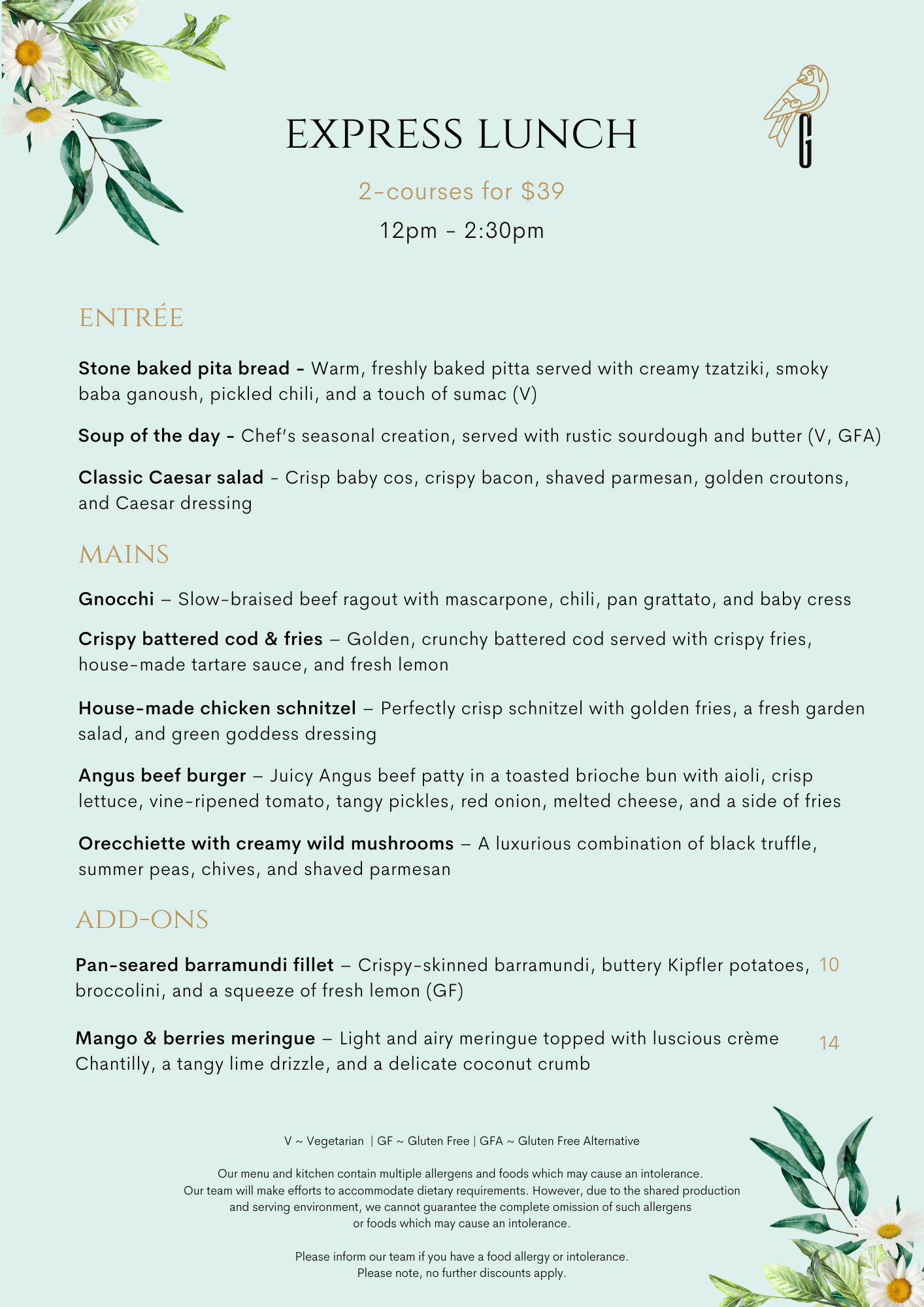 Goldfinch $39 Lunch Menu Feb 2025