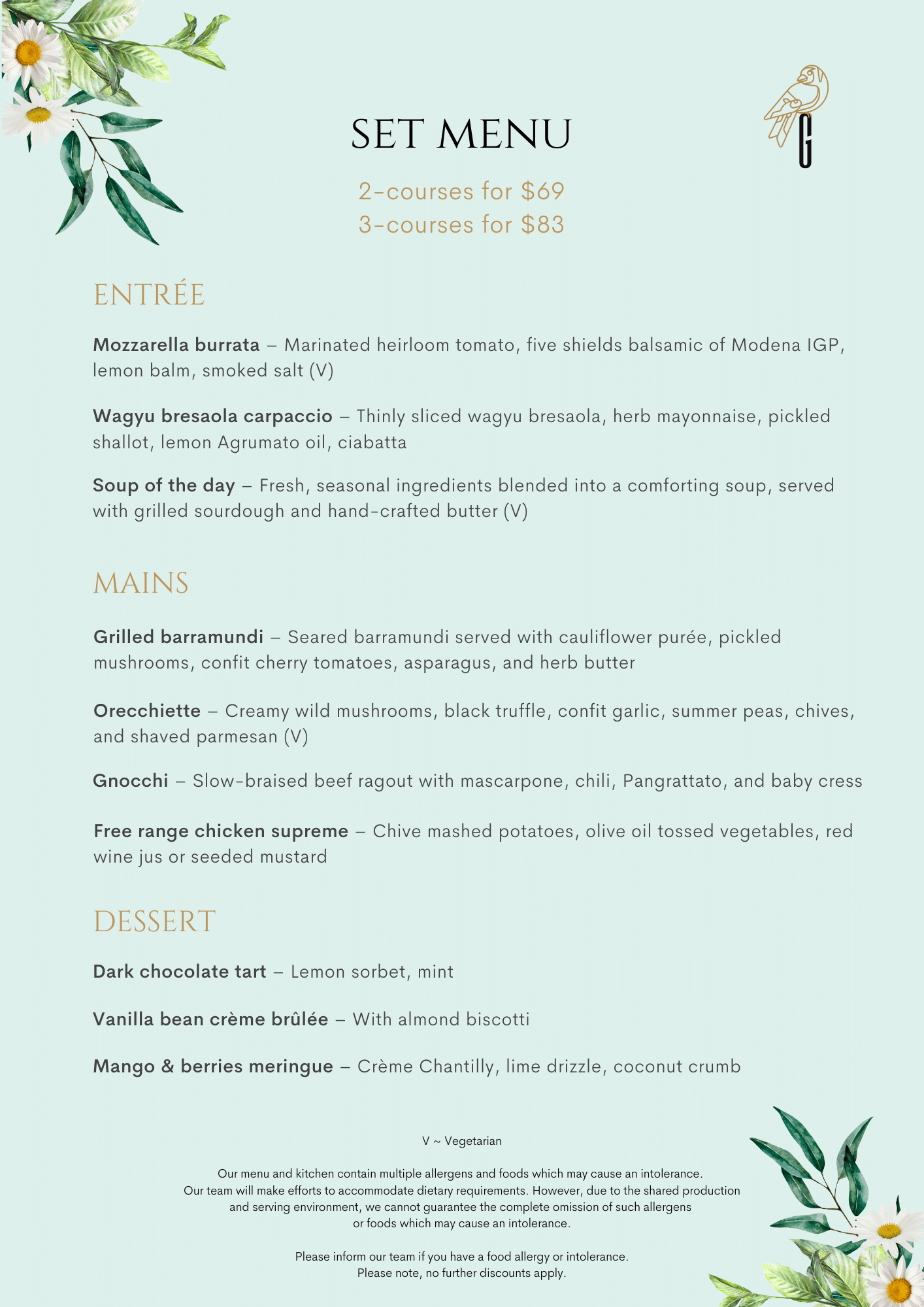 Goldfinch Set Dinner Menu Feb 2025